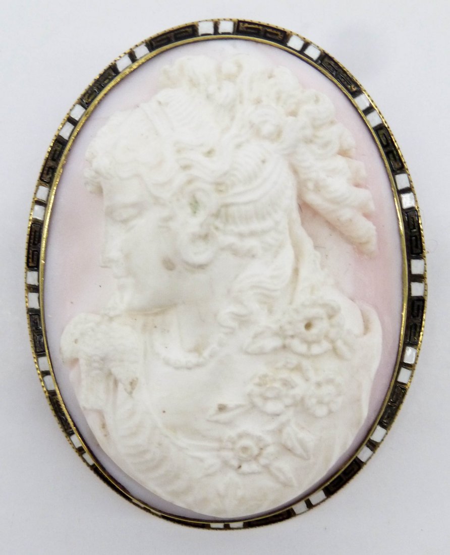 Victorian 14k Carved Cameo Brooch 2.25''x1.75''. A deep: Victorian 14k Carved Cameo Brooch 2.25''x1.75''. A deep carved shell cameo of a beauty with bird. Niello enameled tested 14k gold mount. The pin weighs 40 grams total. Excellent condition.