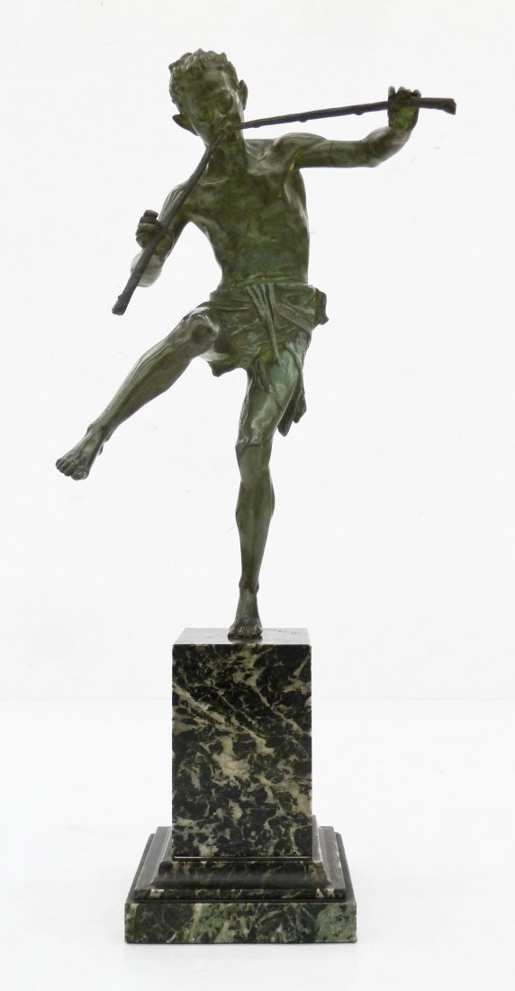 Edouard Drouot (1859-1945 French) ''Pan'' Patinated: Edouard Drouot (1859-1945 French) ''Pan'' Patinated Bronze Sculpture 19.5''x8''. A mythological sculpture of dancing Pan with flutes. Signed on marble pedestal. Light edge wear, overall excellent cond