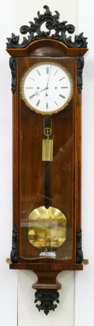 Antique Biedermeier Vienna Regulator Wall Clock: Antique Biedermeier Vienna Regulator Wall Clock 43''x11.5''x5''. Rosewood and ebonized case. Single weight driven with single chime. White enameled dial with unmarked movement. Working order. Professi