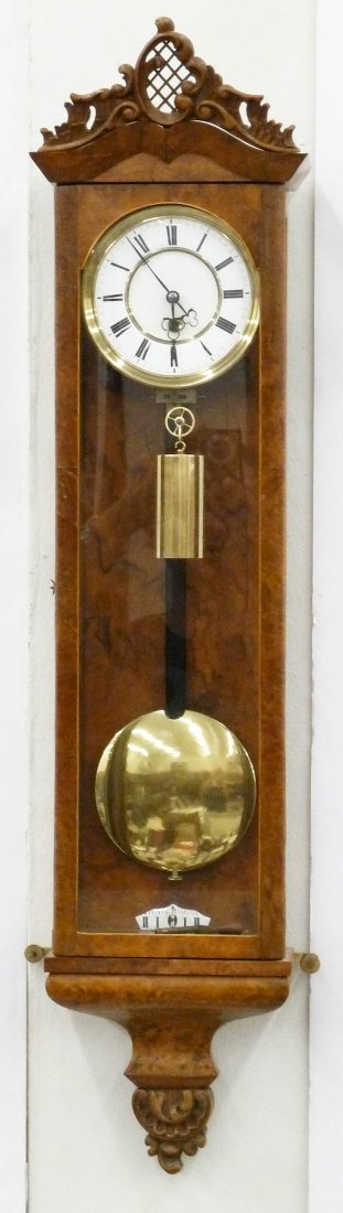 Antique Biedermeier Miniature Vienna Regulator Wall: Antique Biedermeier Miniature Vienna Regulator Wall Clock 33''x8''x4.5''. Burled walnut case. Single weight driven with unmarked movement. Working order. Professionally restored condition.
