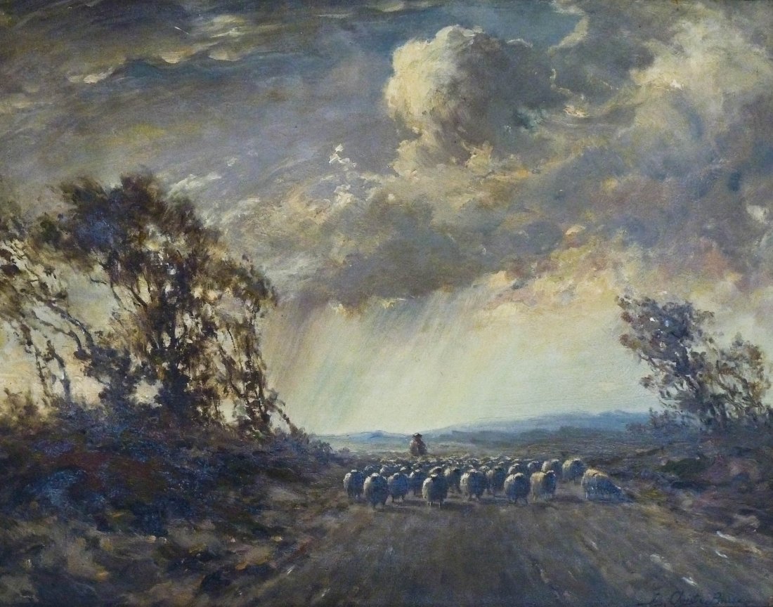 James Christie Bruce (20th Cent. European) Untitled: James Christie Bruce (20th Cent. European) Untitled Pastoral Landscape 1919 Oil on Canvas 14''x18'' Image. A pleasing impressionist scene of a shepherd with his flock of sheep. Signed l.r. and dated o