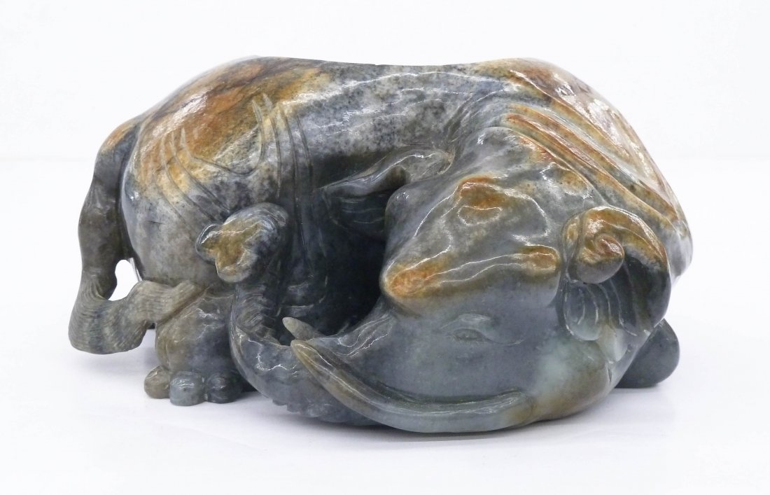 Antique Chinese Jade Recumbent Elephant Brush Washer: Antique Chinese Jade Recumbent Elephant Brush Washer 3''x6.5''. A fine carved gray with russet splash jade boulder with well hollowed bowl. Excellent condition. 19th century, Qing dynasty.