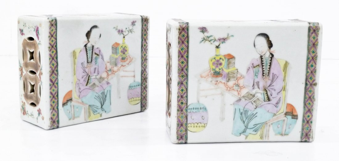 Pair Antique Chinese Famille Rose Porcelain Pillows: Pair Antique Chinese Famille Rose Porcelain Pillows 4.75''x5.75'' Each. A true opposing pearl with seated courtesan figure in various positions. Gilt polychrome enameling with pierced sides. Excellent