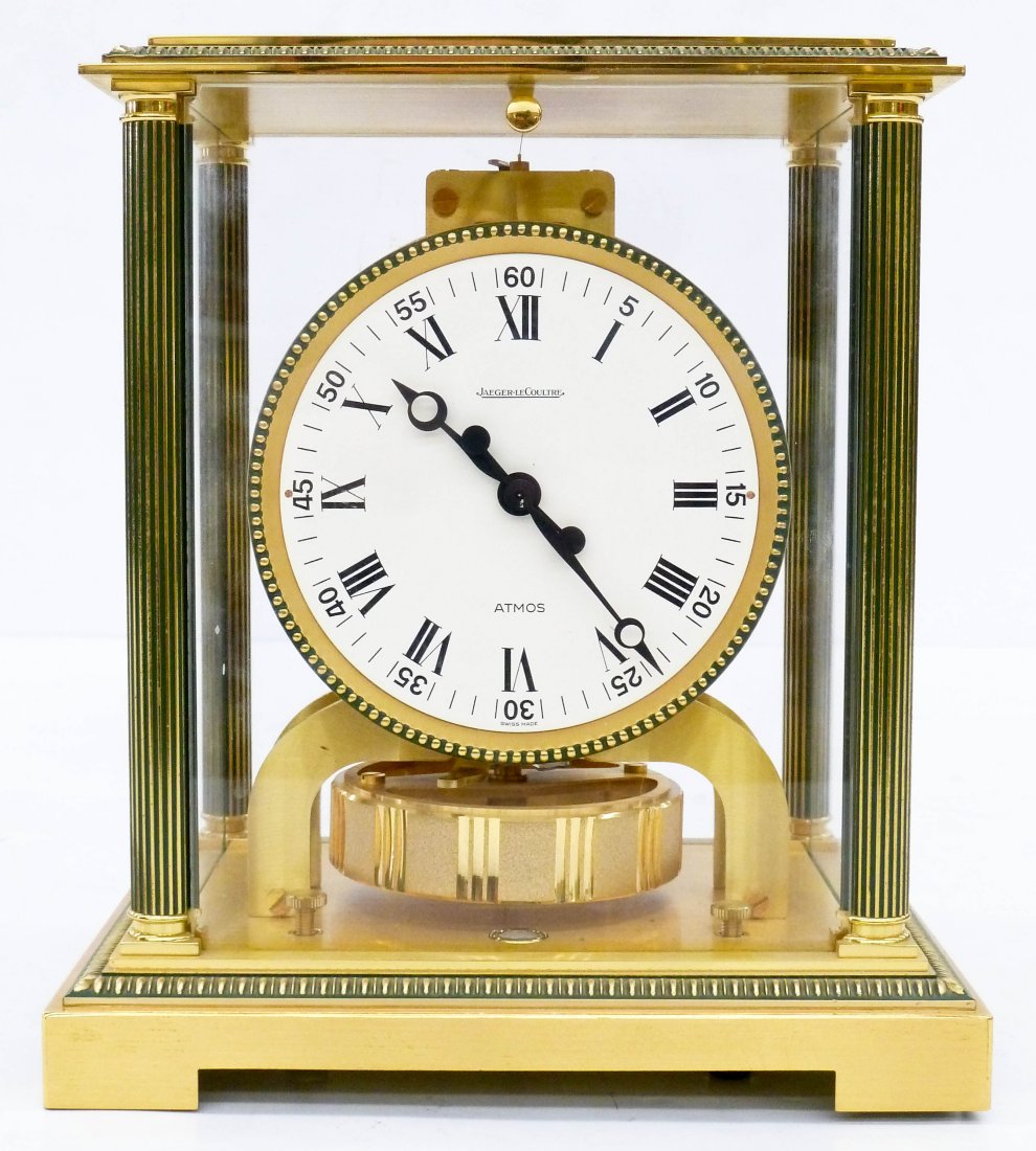 Vintage Jaeger LeCoultre Atmos Clock 9.5"x8.25". Brass: Vintage Jaeger LeCoultre Atmos Clock 9.5"x8.25". Brass case with column ends serial number 391364. Working order. Overall excellent condition.