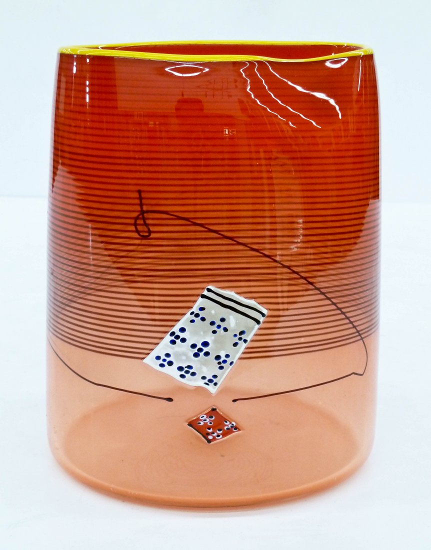 Dale Chihuly (b.1941 Washington) Red Blanket Cylinder 2: Dale Chihuly (b.1941 Washington) Red Blanket Cylinder 2000 Glass 8"x6.5". A Portland Press edition signed on bottom with "PPOO". Similar to his Navajo Blanket and Soft Cylinders. Some light scratching