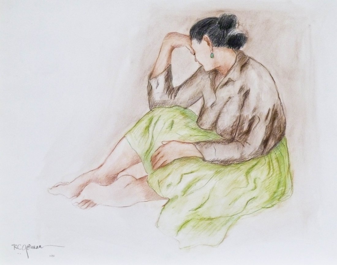 R.C. Gorman (1932-2005 New Mexico) Reclining Navajo Wom: R.C. Gorman (1932-2005 New Mexico) Reclining Navajo Woman 1971 Pastel on Paper 23"x29" Image. An early original pastel of one of his classic Native women. Signed and dated l.l. corner. Total framed si