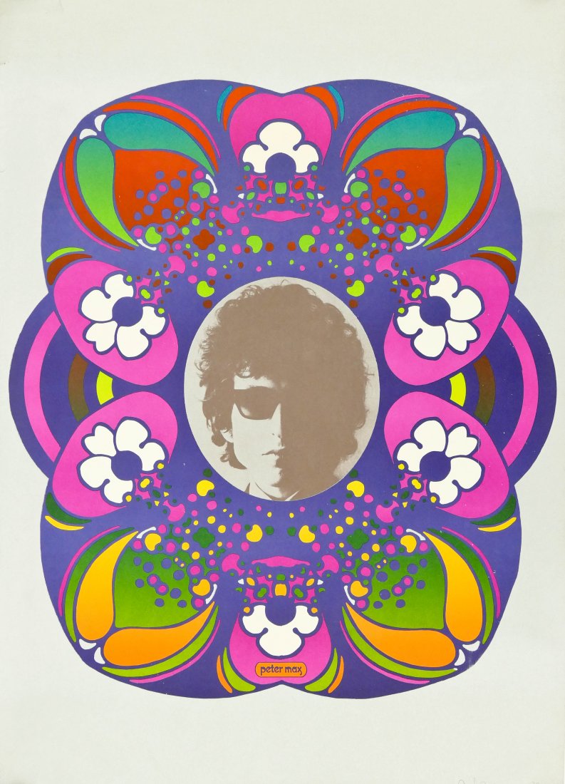 Peter Max (b.1937 American) Three Vintage Male Posters: Peter Max (b.1937 American) Three Vintage Male Posters 36''x24'' Each Sheet. Includes three psychedelic images of Bob Dylan, W.C. Fields, and Swami Satchidananda (His Holiness). Each is ink signed by