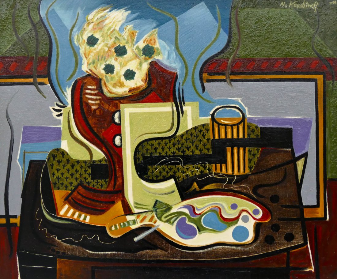 Nicolai Kuvshinoff (1899-1997 Washington) ''Nature: Nicolai Kuvshinoff (1899-1997 Washington) ''Nature Morte 746'' 1946 Oil on Canvas 23.5''x28.75'' Image. An impressive cubist still life painted while in Paris. Signed u.r. corner and titled on verso. 