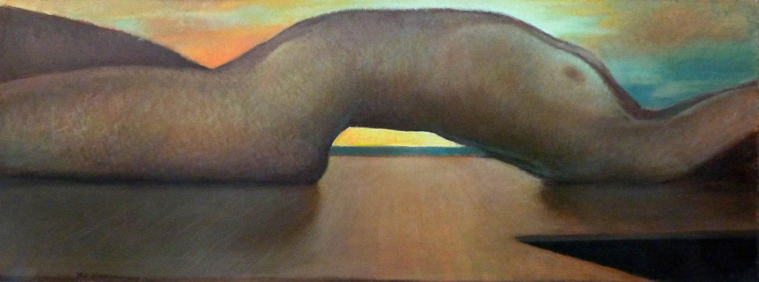 Bill Brauer (b.1939 American) ''Dawns Arch'' 2004 Oil: Bill Brauer (b.1939 American) ''Dawns Arch'' 2004 Oil on Linen 18''x48'' Image. Signed and dated l.l. corner with Patricia Rovzar Gallery, Seattle label on verso. Gallery framed 20.5''x50.5''. Excelle