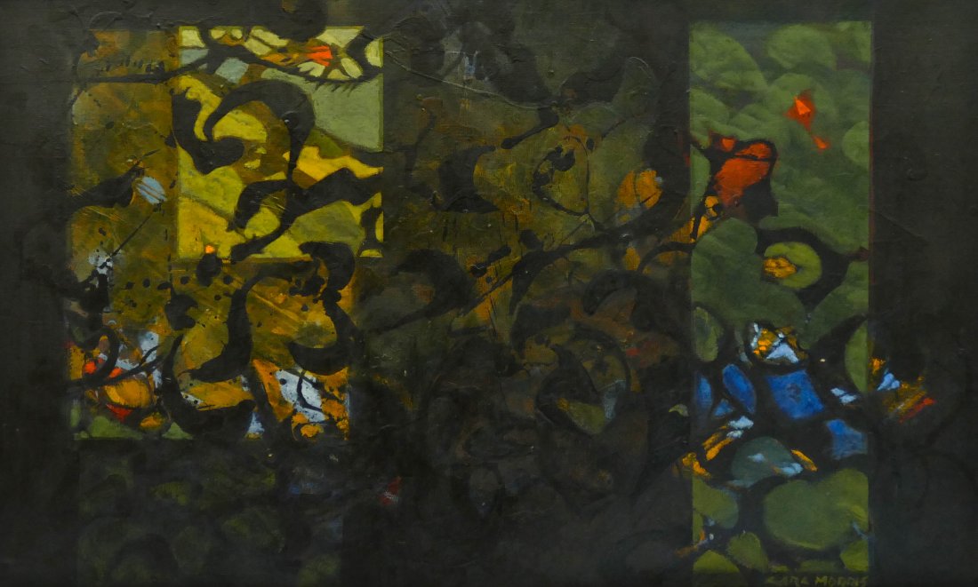 Carl Morris (1911-1993 Oregon) Untitled 1986 Oil on: Carl Morris (1911-1993 Oregon) Untitled 1986 Oil on Canvas 36''x60'' Image. An impressive abstraction by this northwest artist. Signed l.r. with a total framed size 37''x61''. Excellent condition.