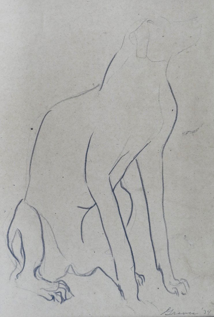 Morris Graves (1910-2001 Washington) ''The Dog'' 1934: Morris Graves (1910-2001 Washington) ''The Dog'' 1934 Graphite on Paper 16''x11'' Image. An early drawing of a seated dog. Signed and dated l.r. corner. Framed 23''x18''. Excellent condition.