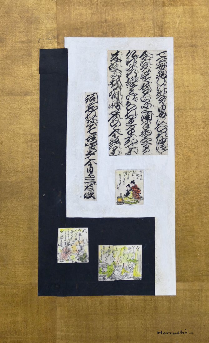 Paul Horiuchi (1906-1999 Washington) ''Tales of the: Paul Horiuchi (1906-1999 Washington) ''Tales of the Past'' 1981 Casein Collage on Board 24''x15'' Image. Gold foil background with panels of color and calligraphy. Signed l.r. and titled on verso. Fra
