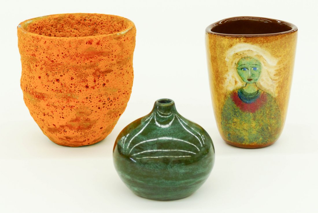 Polia Pillin (1909-1992 American) Three Ceramic Vases.: Polia Pillin (1909-1992 American) Three Ceramic Vases. Includes a painted vase with woman and roosters 4.5''x3.5'', a yellow and red volcanic glaze vase 4.5''x4.5'', and a small green bud vase 3''x3.2