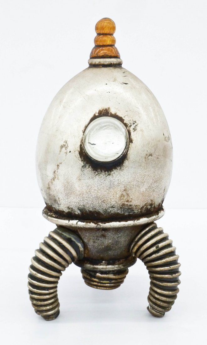 Rik Allen (b.1967 Washington) Rocket Ship 2002 Glass: Rik Allen (b.1967 Washington) Rocket Ship 2002 Glass Sculpture 13''x7''. Hand blown and sculpted glass with silver leafing. Space ship model signed and dated under base. Excellent condition. Allen was