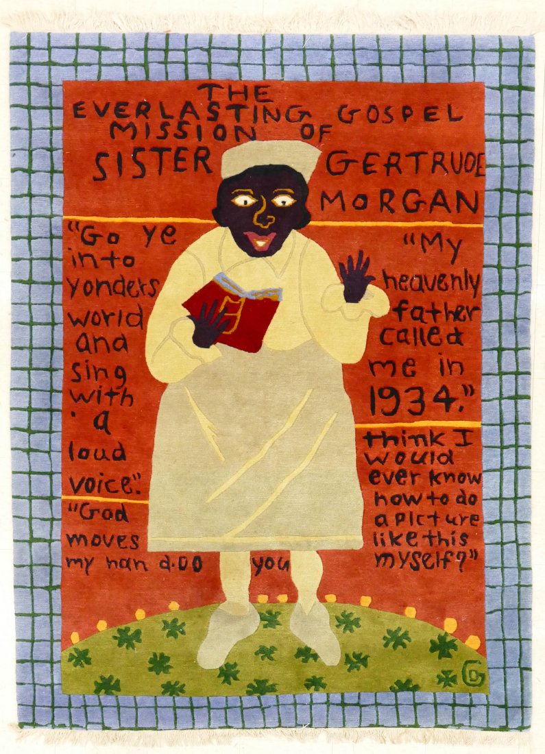 Dale Gottlieb ''Sister'' Story Rug 66''x90''. A wool: Dale Gottlieb ''Sister'' Story Rug 66''x90''. A wool art rug made in Nepal depicting Sister Gertrude Morgan of the gospel mission. Tags on verso, purchased from the MIA Gallery, Seattle. Overall light