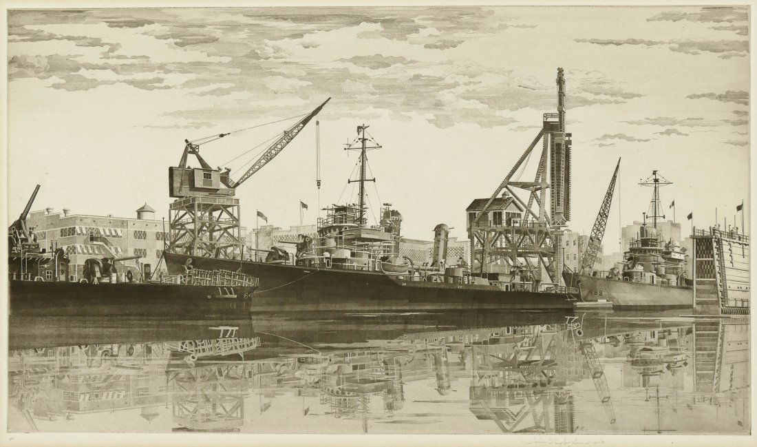 John Taylor Arms (1887-1953 American) ''Destroyers in: John Taylor Arms (1887-1953 American) ''Destroyers in Wet Basin'' 1943 Etching 21.5''x15'' Sheet. Pencil signed and notated ''III'' lower margin. Unnumbered edition of 875. Mat burn to margins. Loose,