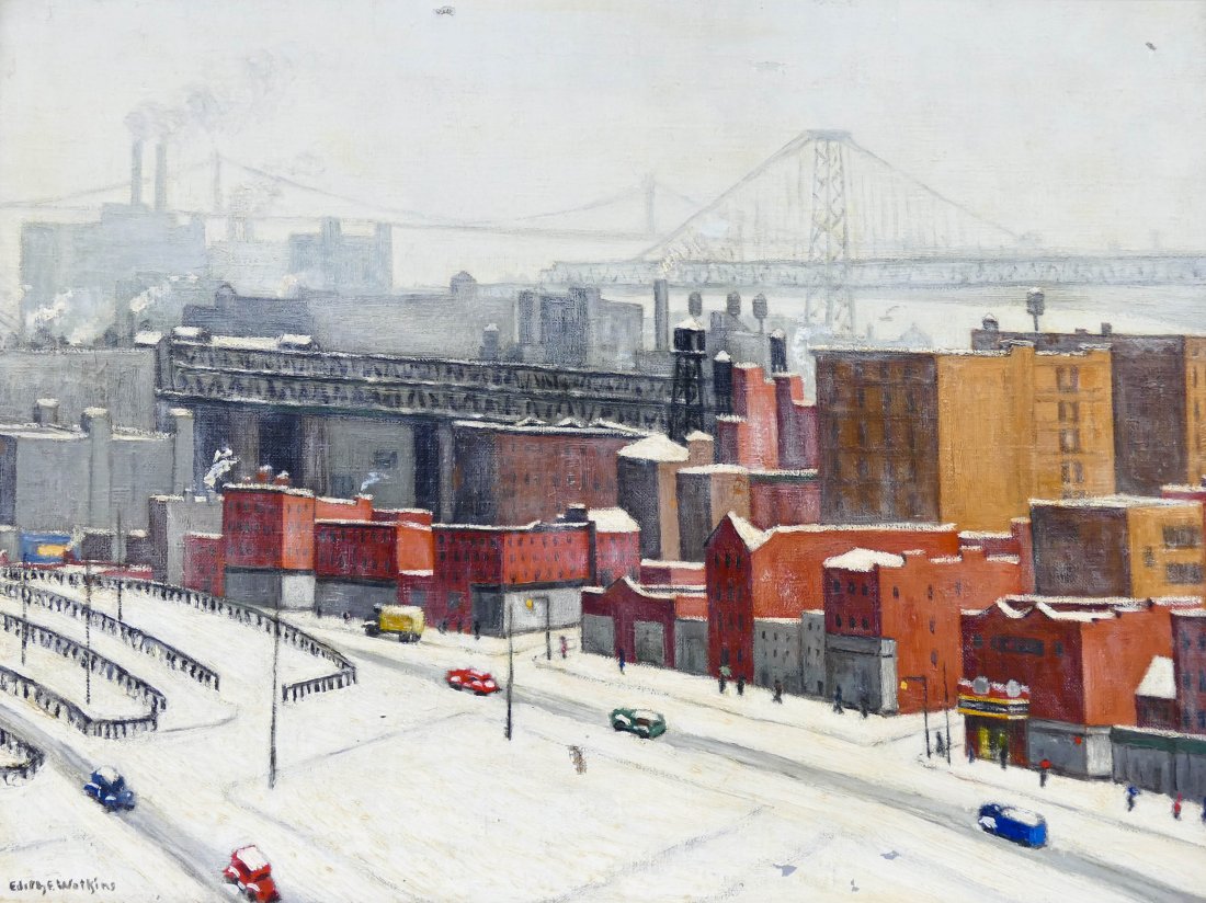 Edith F. Watkins (20th Cent. New York) ''Island: Edith F. Watkins (20th Cent. New York) ''Island Approach'' Oil on Canvas 18''x24'' Image. An early WPA era winter scene with the Brooklyn Bridge in the background. Signed l.l. corner with title label 