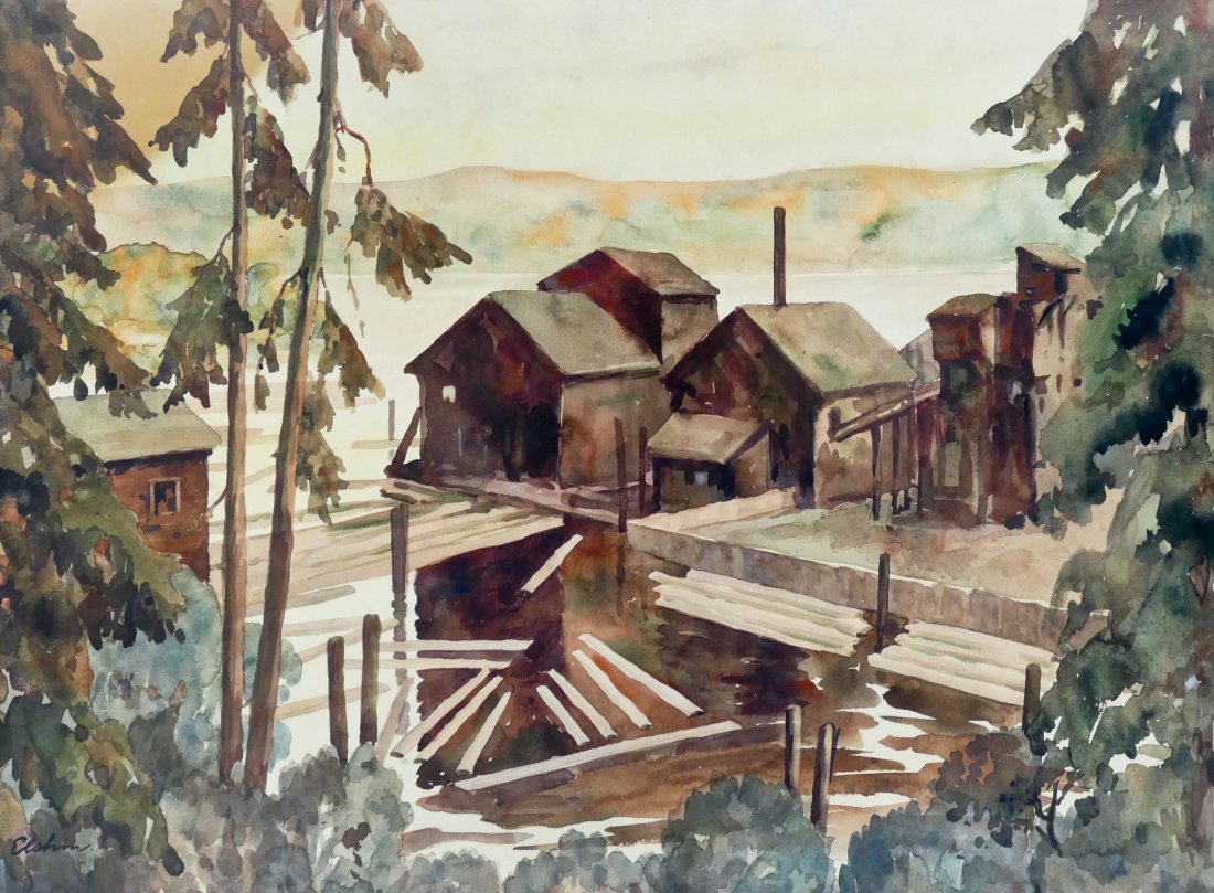 Jacob Elshin (1892-1976 Washington) Untitled Logging: Jacob Elshin (1892-1976 Washington) Untitled Logging Scene Watercolor on Paper 21''x28'' Image. An early northwest scene by Elshin. Signed l.l. and framed 24''x30.5''. WPA era.