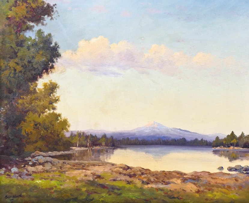 Robert Wood (1889-1979 American) ''Mt. Hood, Oregon'': Robert Wood (1889-1979 American) ''Mt. Hood, Oregon'' Oil on Canvas 25''x30'' Image. A colorful northwest landscape by Wood. Singed l.l. corner. Original frame 29.5''x34.5''.