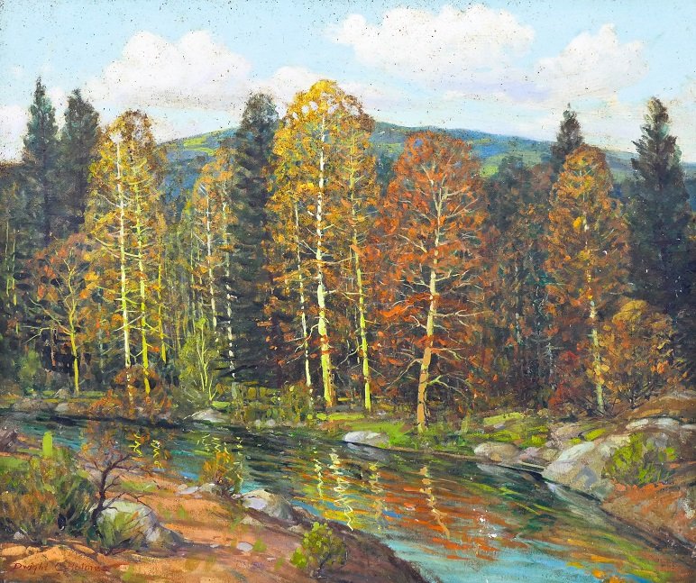 Dwight Holmes (1900-1986 American) ''Snake River in: Dwight Holmes (1900-1986 American) ''Snake River in Yellowstone National Park'' Oil on Canvas 25''x30'' Image. A colorful impressionist western landscape. Signed l.l. corner. Loose, unframed.