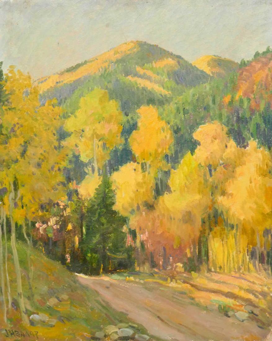 Joseph Henry Sharp (1859-1953 American) ''Road to: Joseph Henry Sharp (1859-1953 American) ''Road to Amizette, Aspen Forrest'' Oil on Board 20''x16'' Image. A colorful impressionist autumn scene landscape. Signed l.l. corner and titled on verso. Some