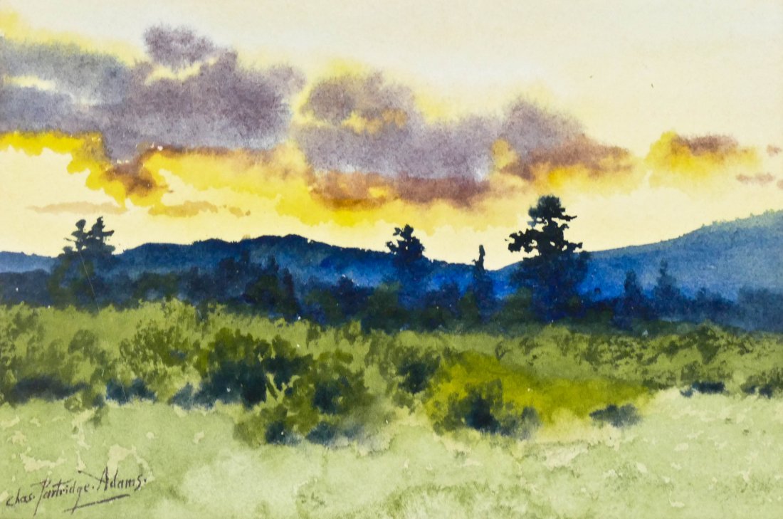Charles Partridge Adams (1858-1942 American) Western: Charles Partridge Adams (1858-1942 American) Western Landscape Watercolor on Paper 5''x7.75'' Sight. Colorful night scene signed l.l. corner. Original frame 12.5''x14.5''.
