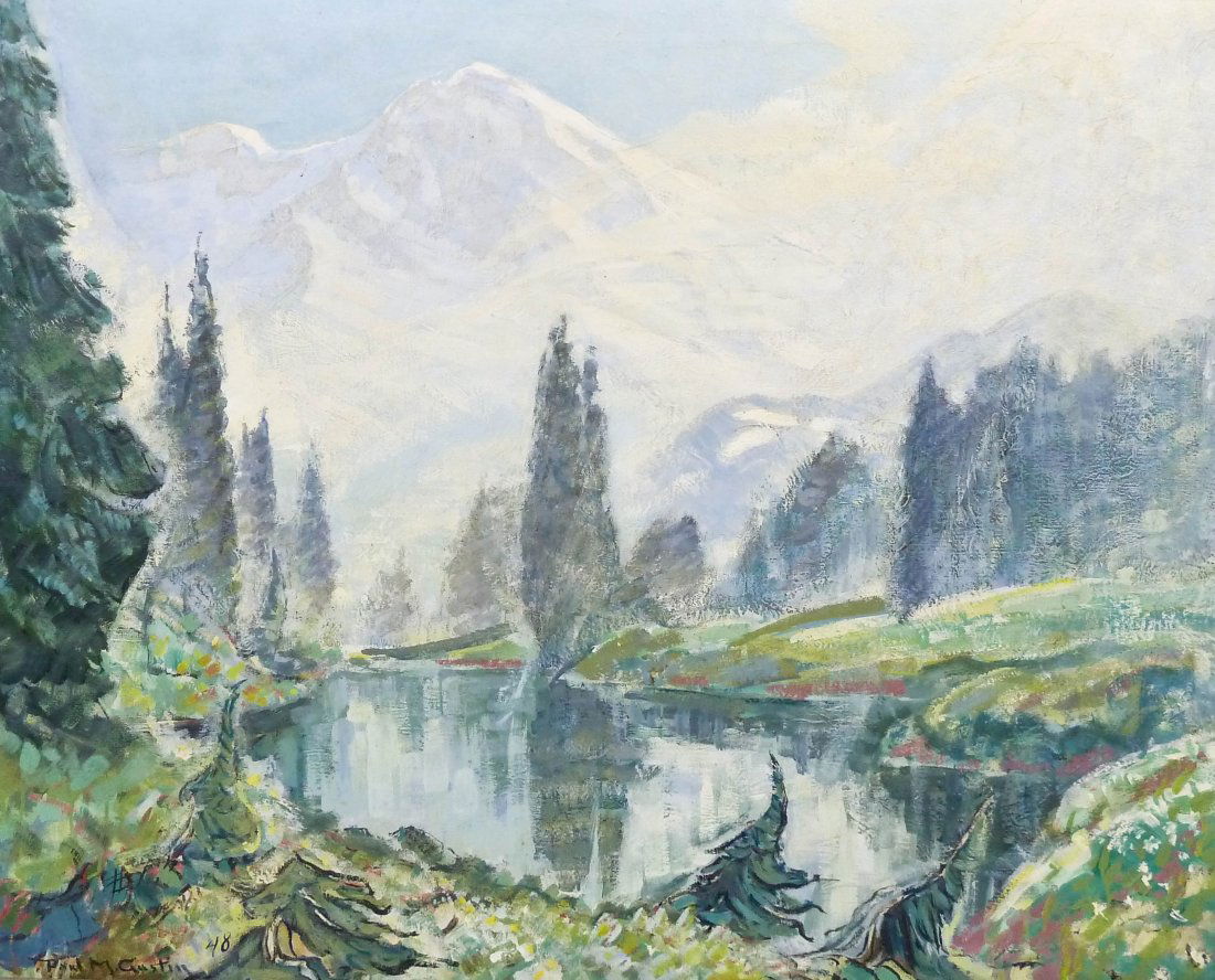 Paul Morgan Gustin (1886-1974 Washington) Mt. Rainier: Paul Morgan Gustin (1886-1974 Washington) Mt. Rainier 1948 Oil on Canvas 31''x37'' Image. A scarce and impressive large northwest landscape by Gustin. Signed and dated l.l. corner. Original frame 43''