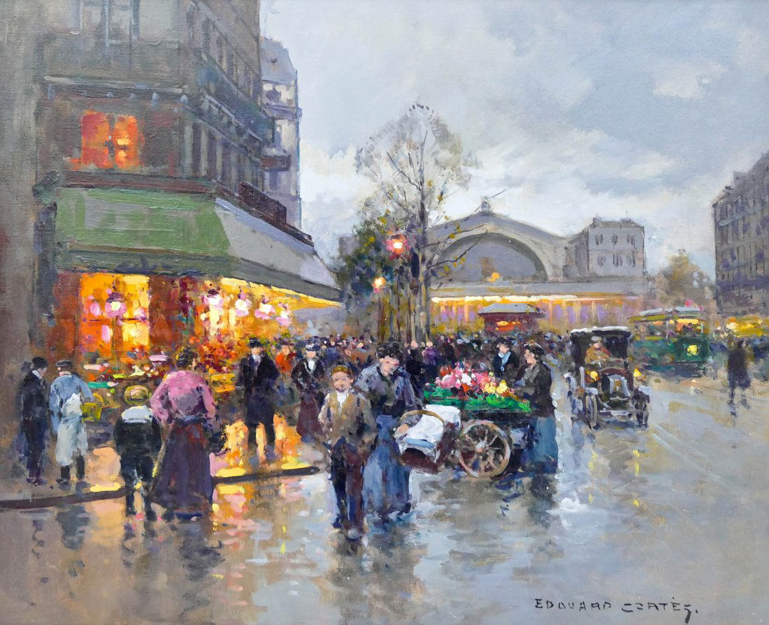 Edouard Cortes (1882-1969 French) ''Gare du Nord'': Edouard Cortes (1882-1969 French) ''Gare du Nord'' (North Station) Oil on Canvas 18''x22'' Image. A fine french street scene with various figures and market. Signed l.r. corner with title label on ver