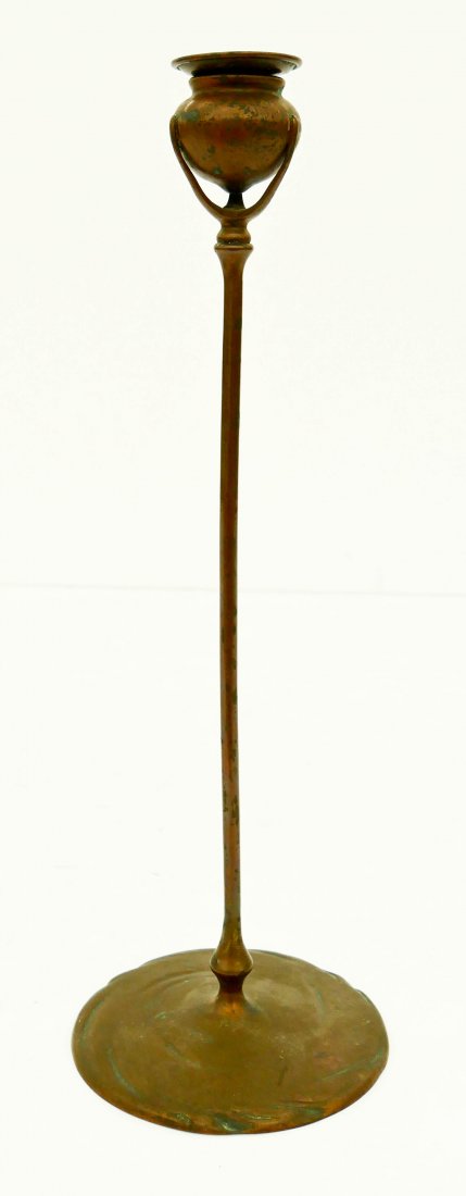Tiffany Studios 1213 Bronze Candlestick 16.75''x5.75''.: Tiffany Studios 1213 Bronze Candlestick 16.75''x5.75''. Art nouveau organic form candlestick. Signed and numbered on bottom. Some light corrosion.