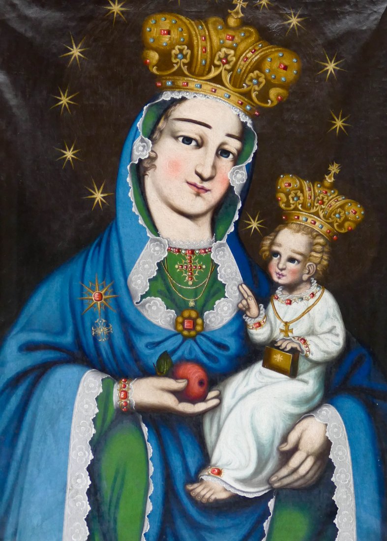 Antique Cuzco School Madonna & Child Oil on Canvas: Antique Cuzco School Madonna & Child Oil on Canvas 35''x25'' Image. A large Roman Catholic religious painting depicting a crowned madonna and child with jewels. Unsigned. Framed 41''x30''. 18th or 19t