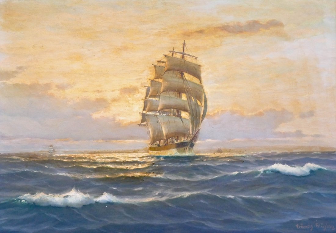 Martin Franz Glusing (1885-1956 German) ''Sailing in: Martin Franz Glusing (1885-1956 German) ''Sailing in the Evening'' Oil on Canvas 27''x39''. A sunset maritime painting with schooner ship. Signed l.r. corner and titled on verso. Framed 32''x44''. Als