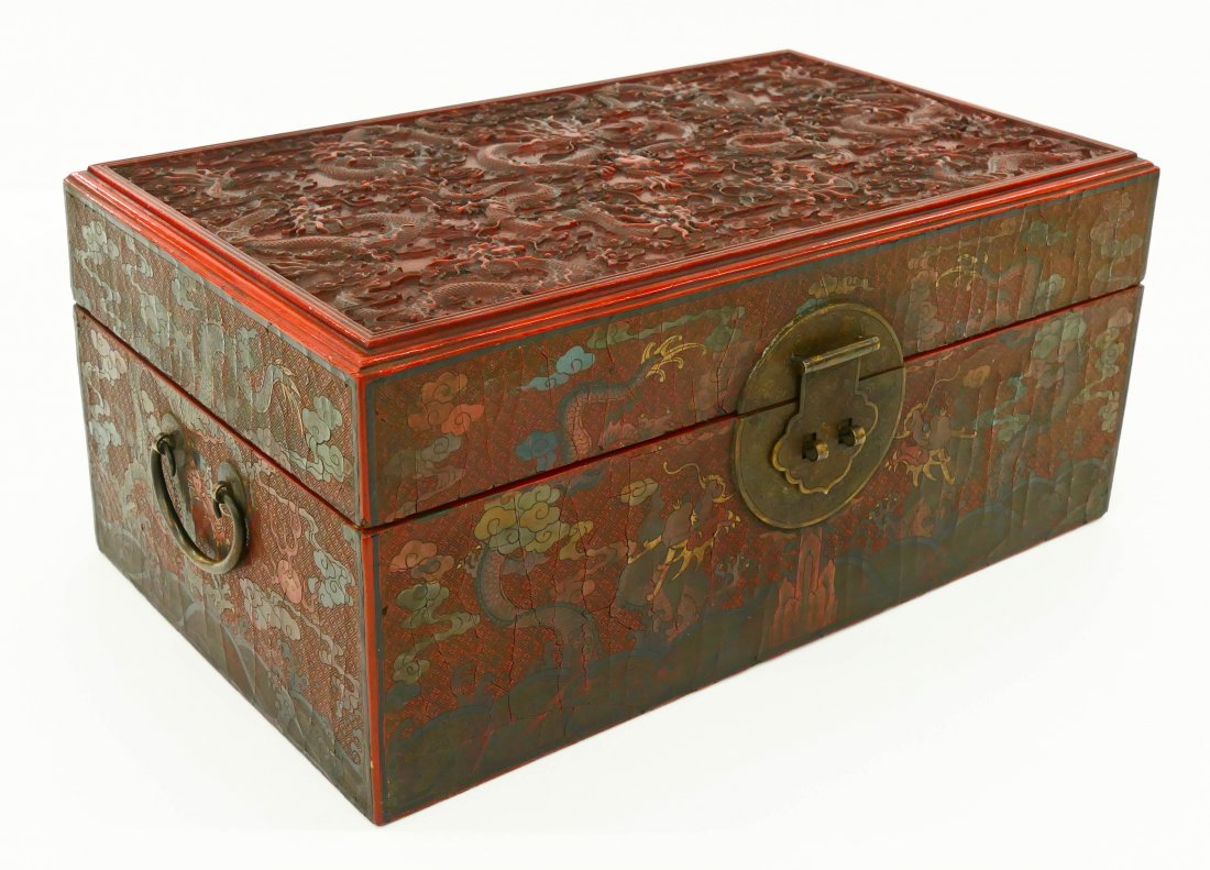 Chinese Red Lacquered Dragon Small Chest 8''x18''x11''. (1 of 3)