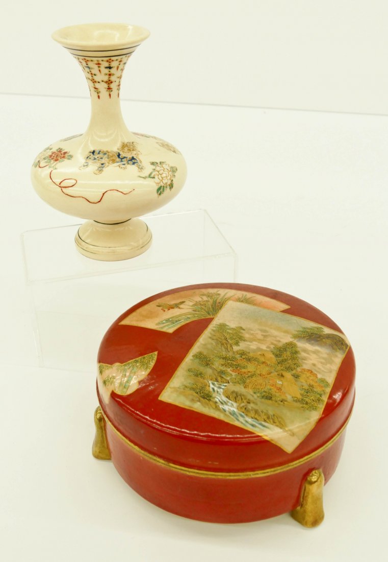 2pc Japanese Satsuma Vase & Covered Box. Includes a (1 of 2)
