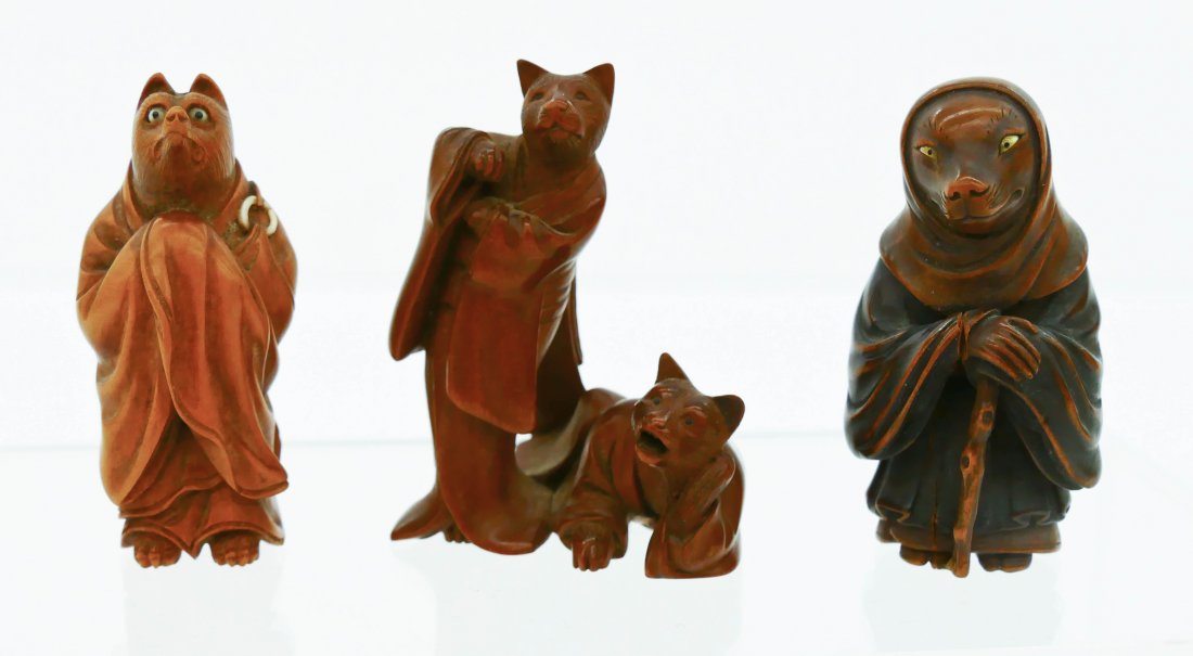 3pc Fine Japanese Boxwood Netsukes 2'' Each. Figural (1 of 6)