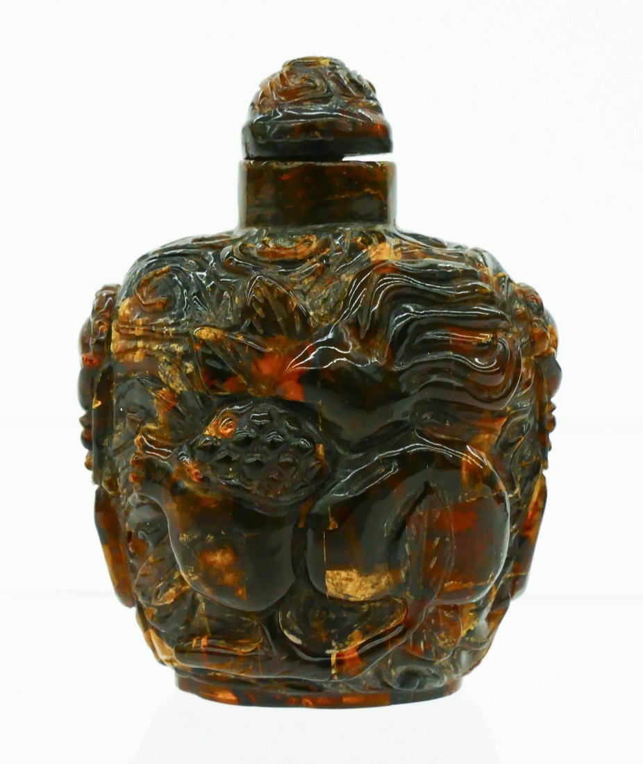 Chinese Carved Amber Snuff Bottle 3''x2.25''. Relief (1 of 2)