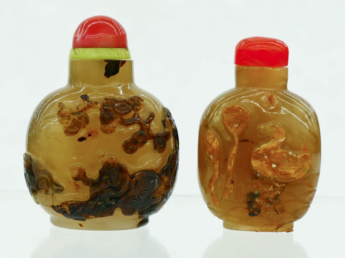 2pc Chinese Shadow Agate Snuff Bottles 3''x2.25'' and (1 of 3)