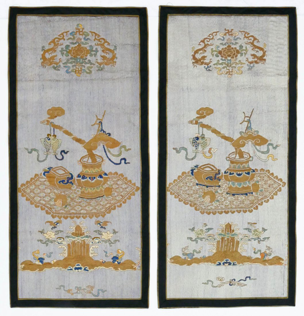 Pair of Chinese Silk Embroidered Panels 45''x21'' Each. (1 of 3)