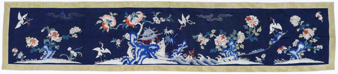 Chinese Silk Embroidered Banner 22''x108''. Cobalt (1 of 3)