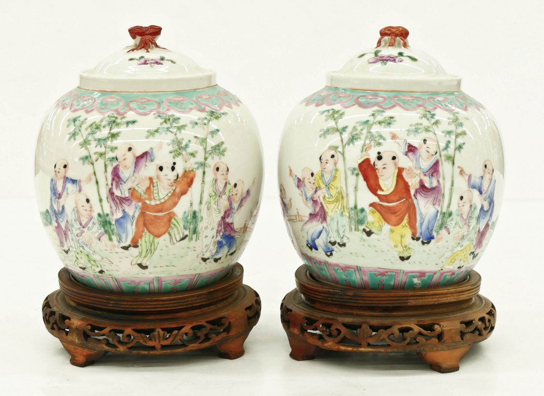 Pair of Chinese Famille Rose Ginger Jars 7''x6'' Each. (1 of 5)