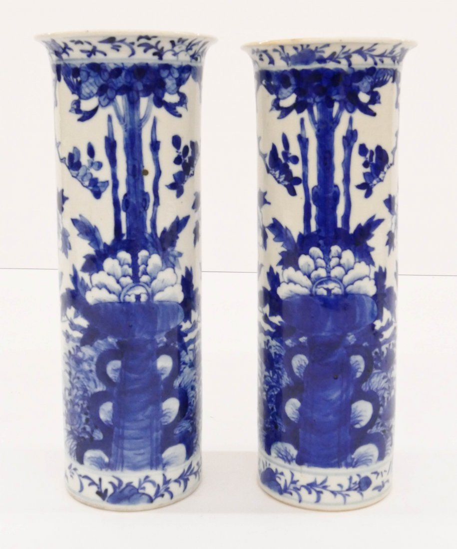 Pair of Chinese Blue & White Porcelain Beaker Vases (1 of 3)