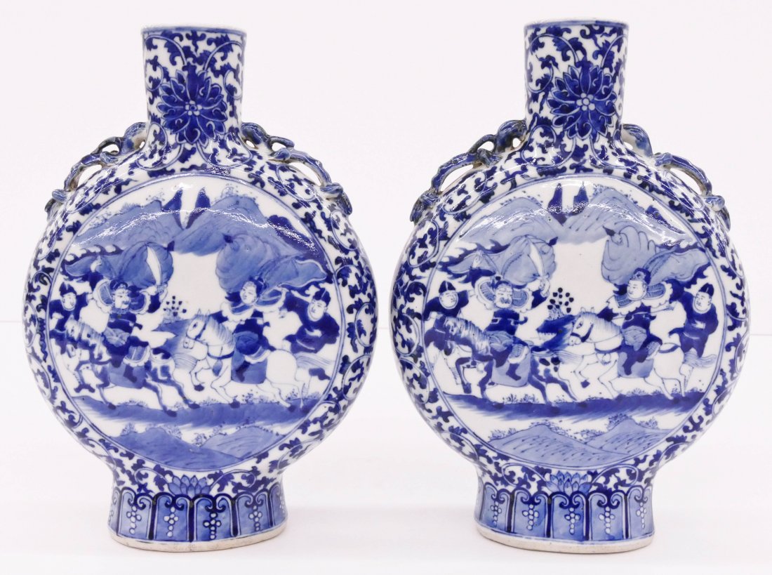 Pair of Chinese Moon Flask Blue & White Porcelain Vases (1 of 3)