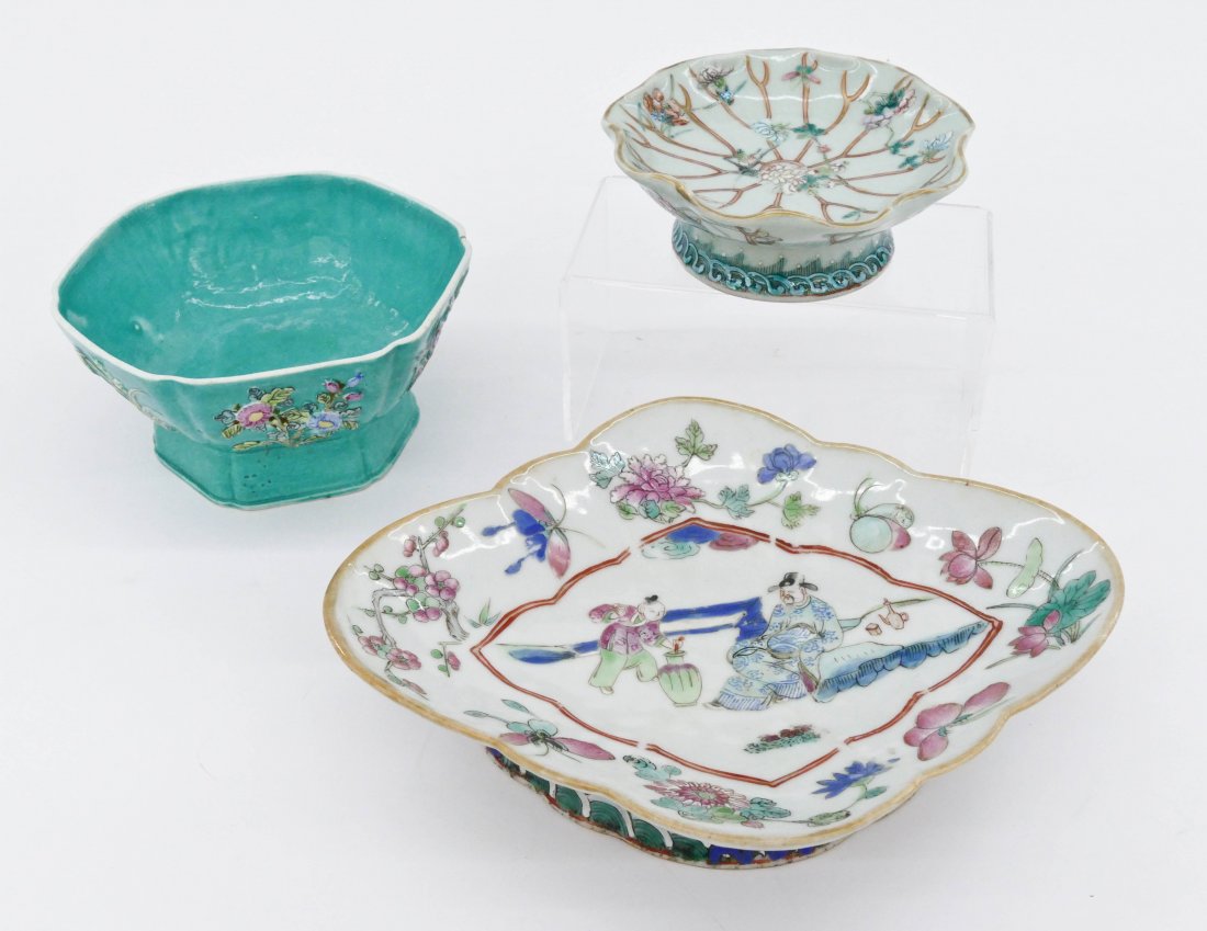 3pc Chinese Porcelain Pedestal Dishes. Include a (1 of 2)