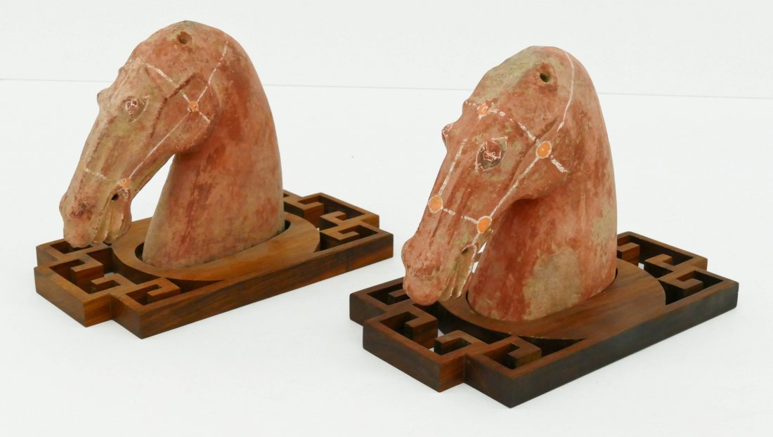 Pair Chinese Han Pottery Horse Heads on Stands 7''x10'' (1 of 2)