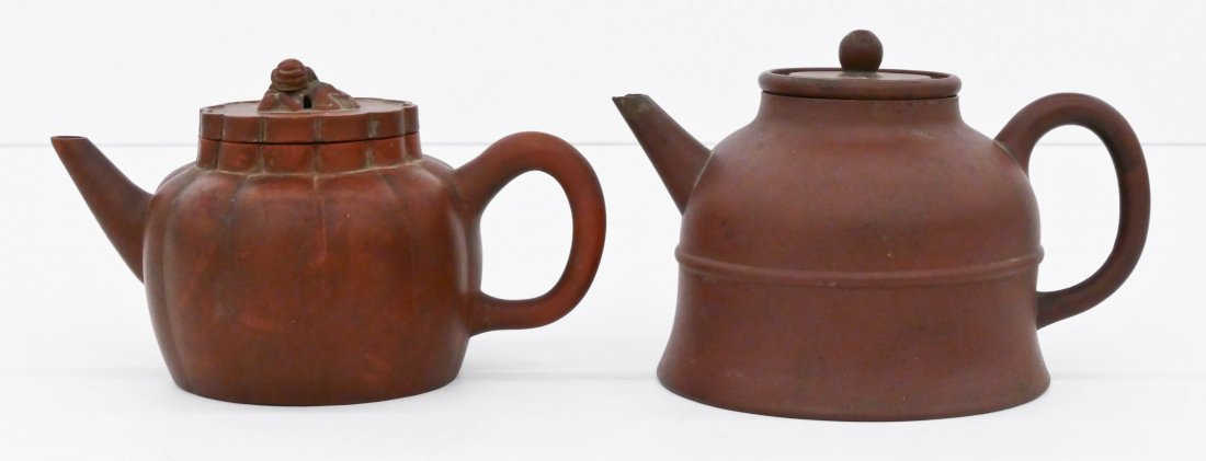 2pc Chinese Yixing Ceramic Teapots. Includes a lobed (1 of 2)