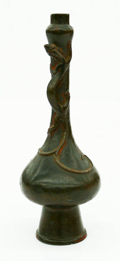 Chinese Ming Bronze Garlic Vase with Dragon 7''x2.5''. (1 of 4)