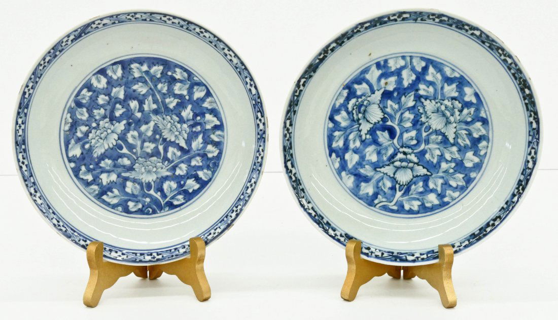 Pair Chinese Ming Blue & White Lotus Porcelain Plates (1 of 2)