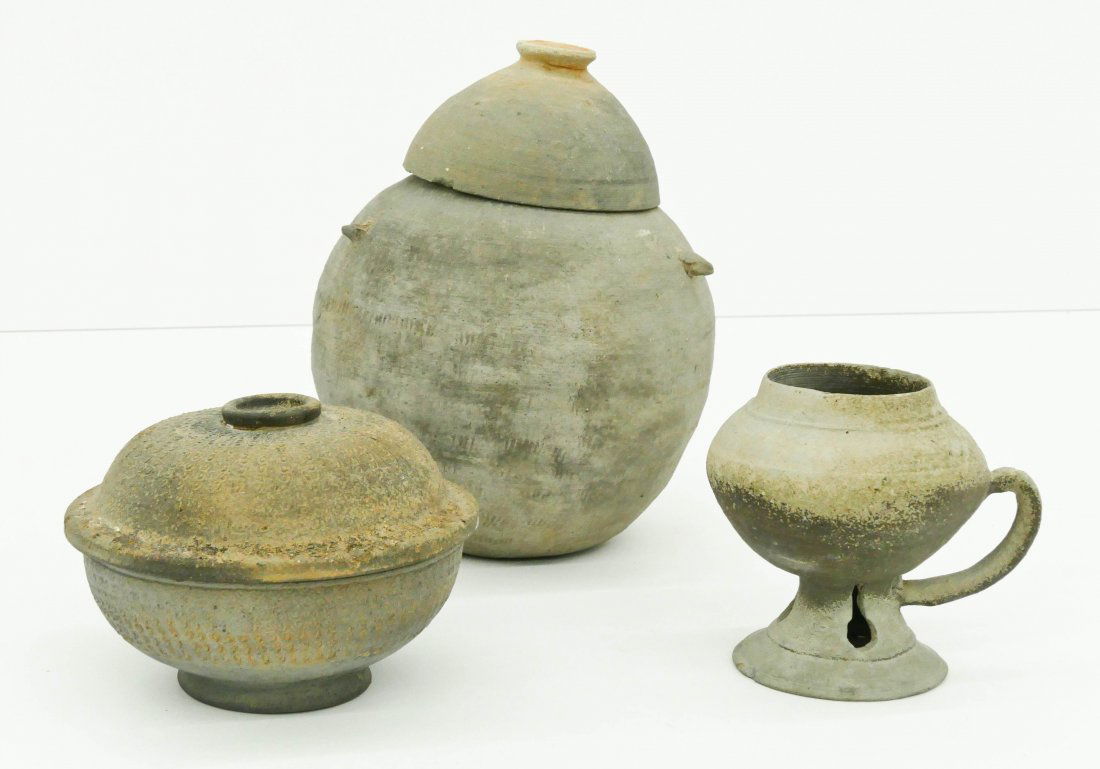 3pc Korean Silla Stoneware Covered Jars & Cup. (1 of 1)