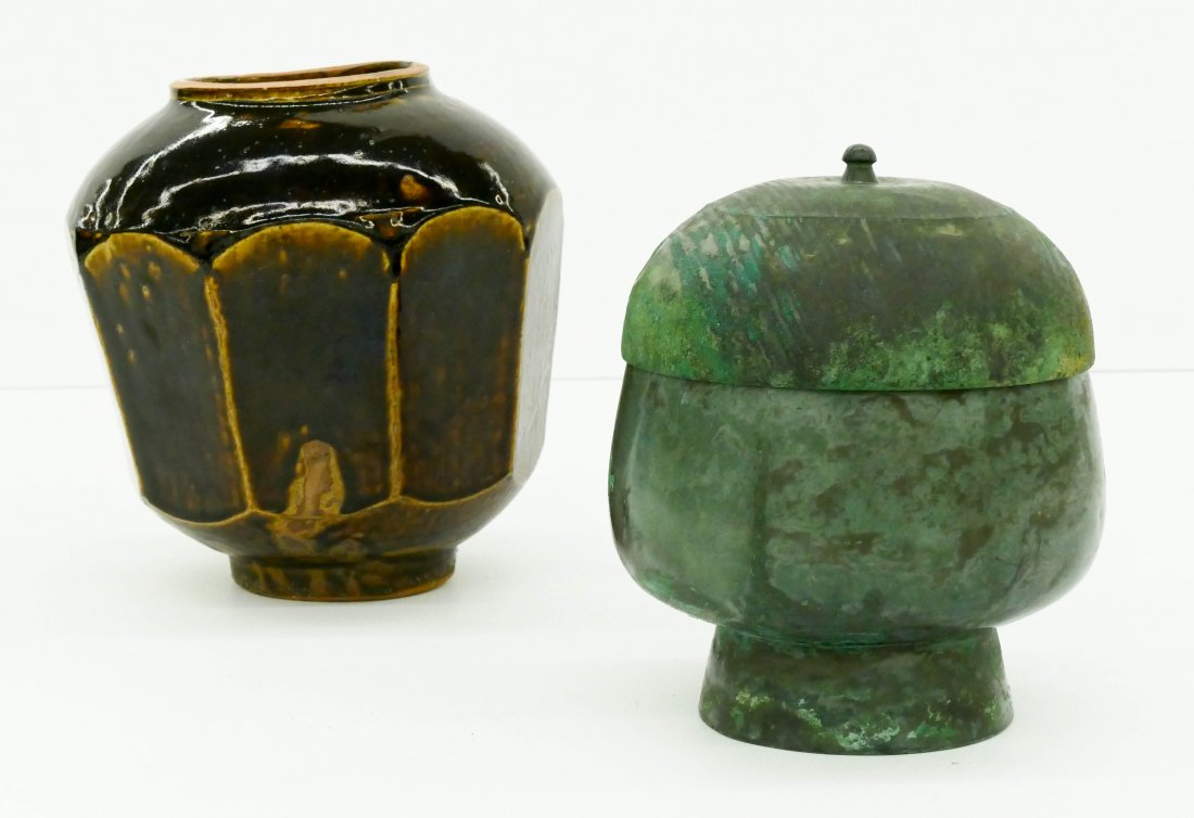 2pc Korean Stoneware & Bronze Jars. Includes a cut (1 of 1)