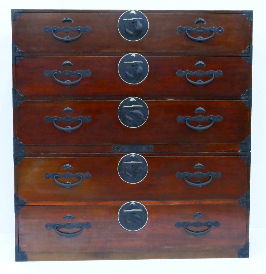 Japanese Yonezawa Tansu Chest 48''x45''x18''. Lacquered: Japanese Yonezawa Tansu Chest 48''x45''x18''. Lacquered wood with black hinges. Light overall wear from use. Late 19th century, Meiji period.