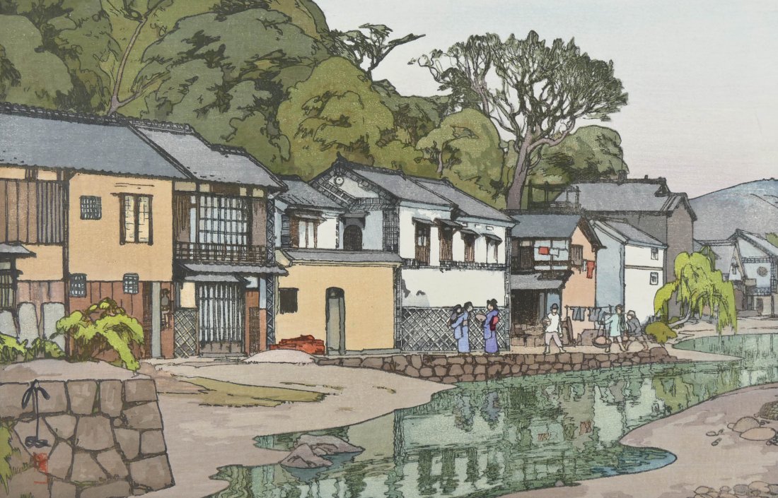 Hiroshi Yoshida ''Small Town in Chugoku'' Woodblock: Hiroshi Yoshida ''Small Town in Chugoku'' Woodblock Print 10.5''x16'' Sheet. Japanese block print oban size. Pencil signed. Very light burn in margins. Loose, unframed.